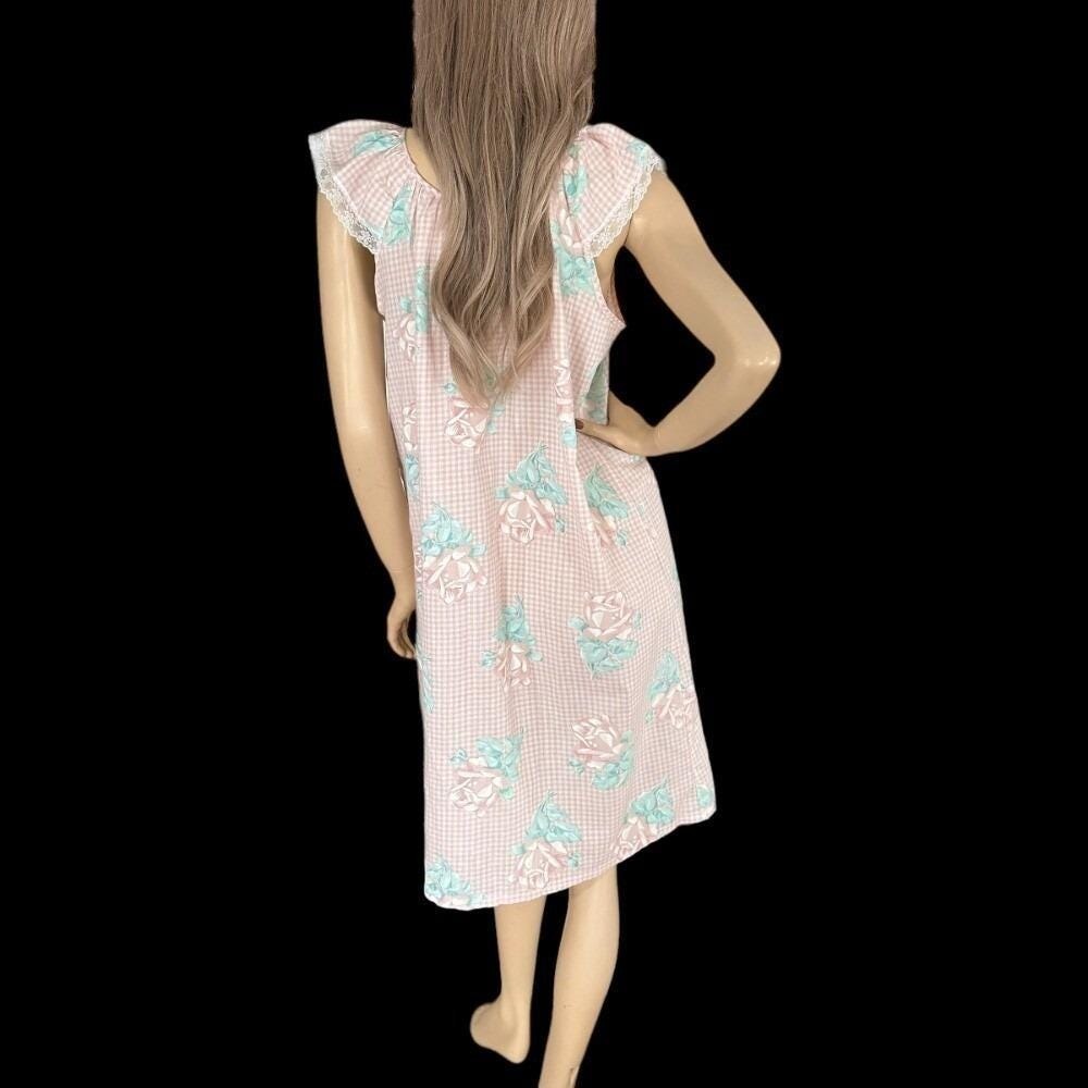 80s Pink Gingham Nightie L Rose Print Dollette Cottagecore Coquette Nightie Gaze - Picture 8 of 8